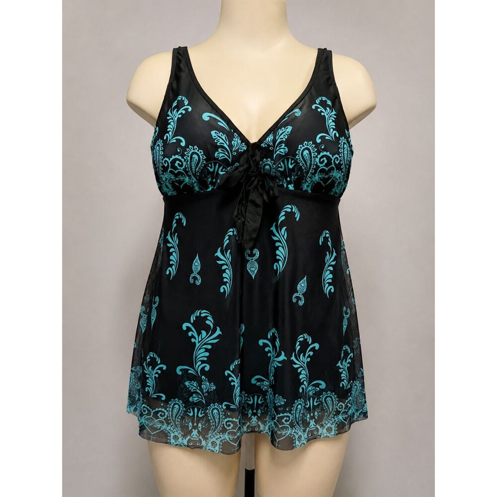 Plus Size XXL One Piece Swimsuit Black Aqua Paisley Built In Cover Up soft cups